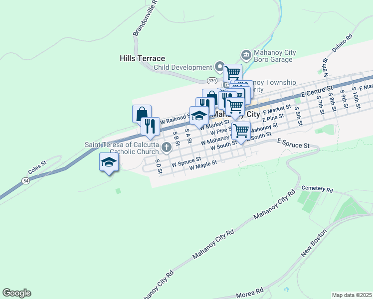 map of restaurants, bars, coffee shops, grocery stores, and more near 430 West Mahanoy Street in Mahanoy City