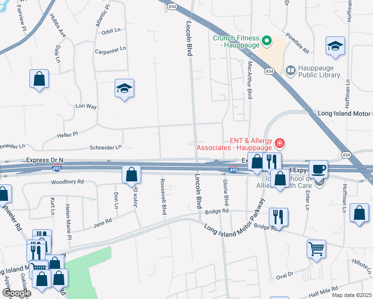 map of restaurants, bars, coffee shops, grocery stores, and more near 178 Lincoln Boulevard in Hauppauge