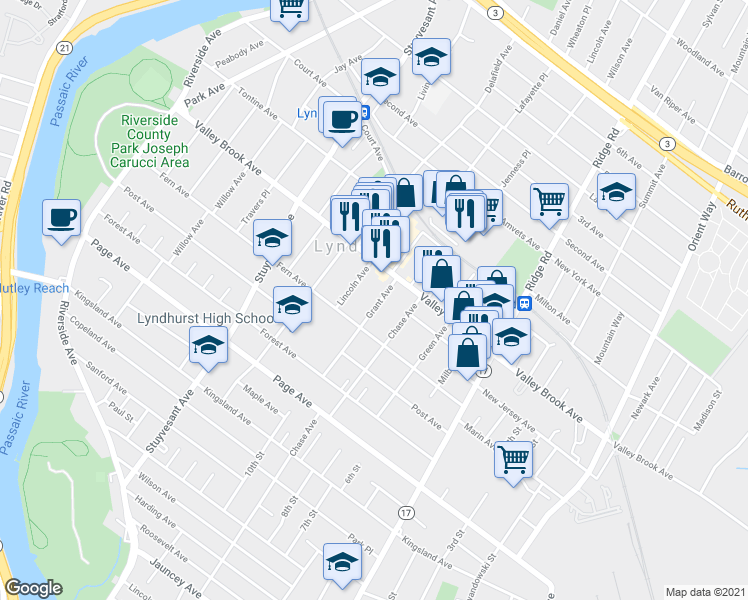 map of restaurants, bars, coffee shops, grocery stores, and more near 325 Grant Avenue in Lyndhurst