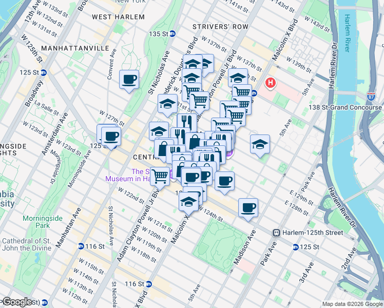 map of restaurants, bars, coffee shops, grocery stores, and more near 131 West 128th Street in New York