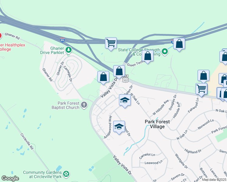 map of restaurants, bars, coffee shops, grocery stores, and more near in Park Forest Village