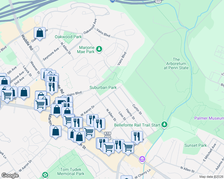 map of restaurants, bars, coffee shops, grocery stores, and more near 141-153 E Aaron Dr in State College