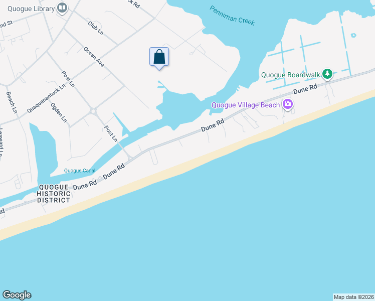 map of restaurants, bars, coffee shops, grocery stores, and more near 132 Dune Road in Quogue