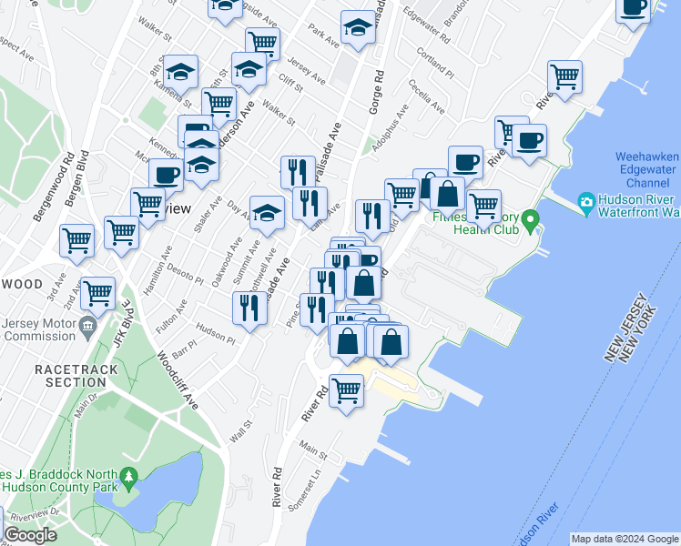 map of restaurants, bars, coffee shops, grocery stores, and more near 100 Thompson Lane in Edgewater