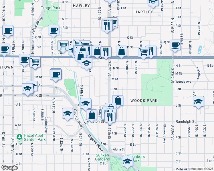 map of restaurants, bars, coffee shops, grocery stores, and more near 341 South 27th Street in Lincoln