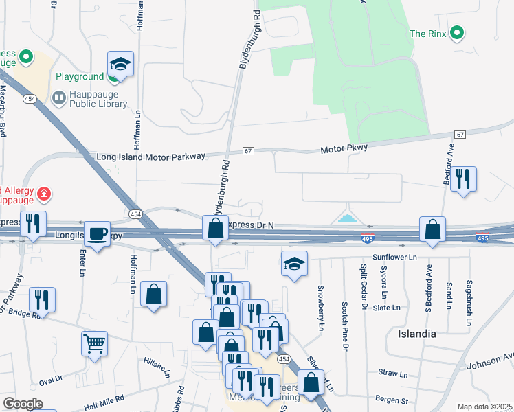 map of restaurants, bars, coffee shops, grocery stores, and more near 602 Town House Village in Hauppauge