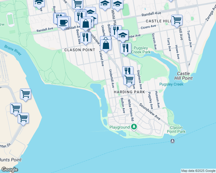 map of restaurants, bars, coffee shops, grocery stores, and more near 1200 Harding Park in Bronx
