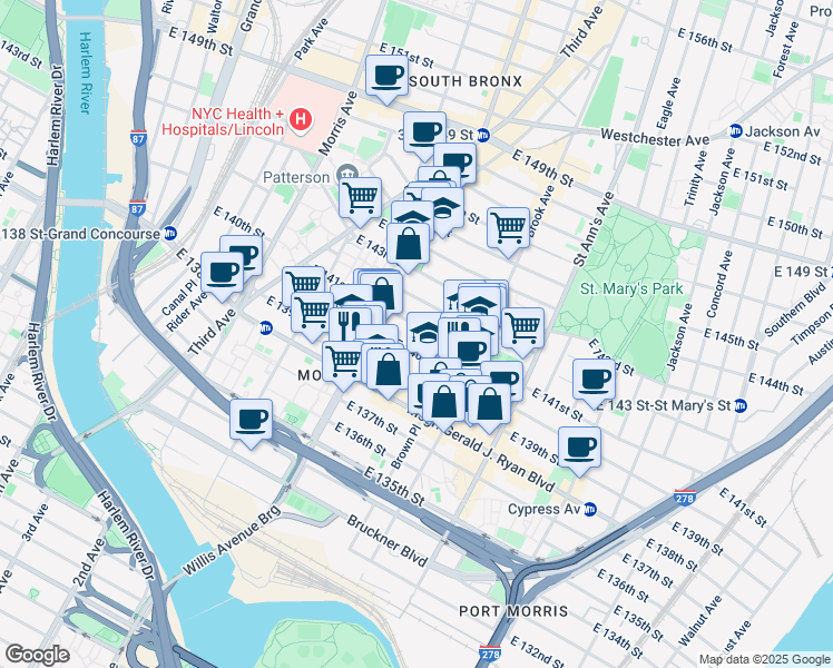 map of restaurants, bars, coffee shops, grocery stores, and more near 437 East 141st Street in Bronx