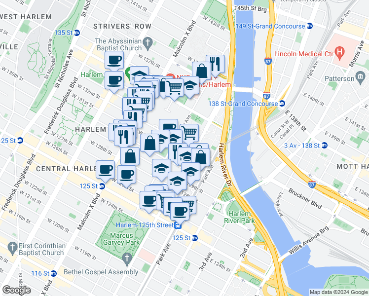 map of restaurants, bars, coffee shops, grocery stores, and more near 10E East 132nd Street in New York