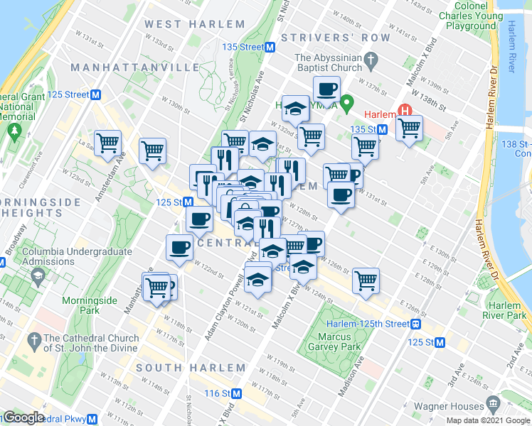 map of restaurants, bars, coffee shops, grocery stores, and more near 250 West 127th Street in New York