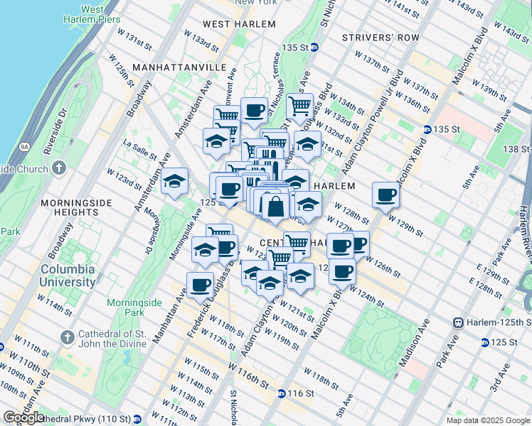 map of restaurants, bars, coffee shops, grocery stores, and more near 270w West 126th Street in New York
