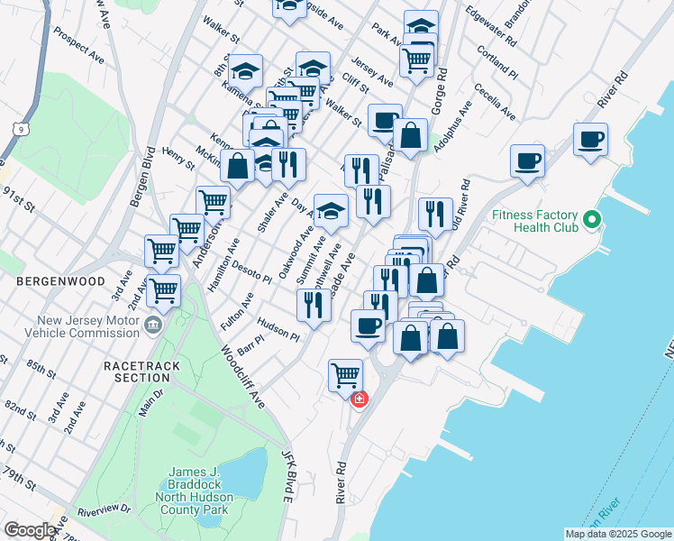 map of restaurants, bars, coffee shops, grocery stores, and more near 171 Palisade Avenue in Cliffside Park