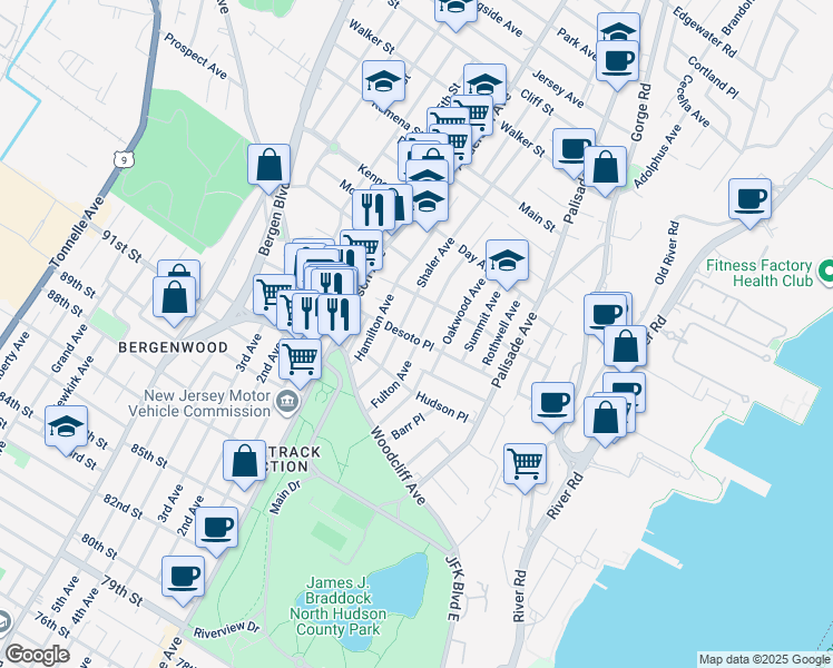 map of restaurants, bars, coffee shops, grocery stores, and more near 275 Desoto Place in Fairview