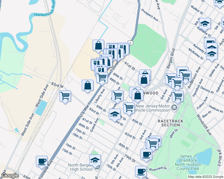 map of restaurants, bars, coffee shops, grocery stores, and more near 8610 Columbia Avenue in North Bergen