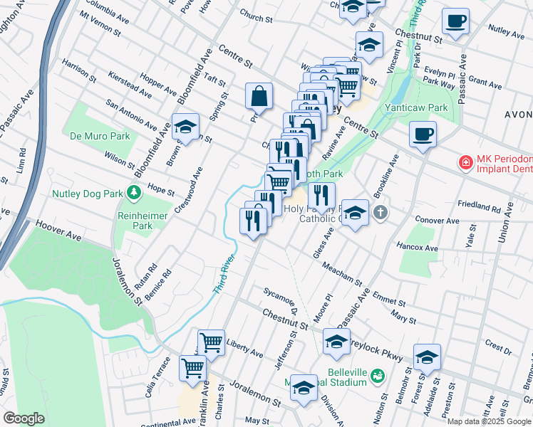 map of restaurants, bars, coffee shops, grocery stores, and more near 65 Franklin Avenue in Nutley