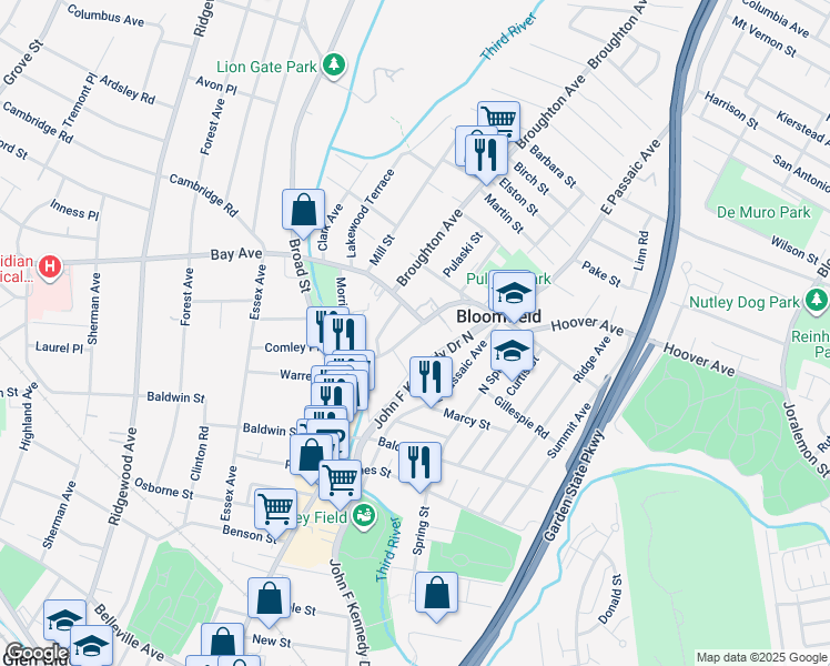 map of restaurants, bars, coffee shops, grocery stores, and more near 345 Hoover Avenue in Bloomfield