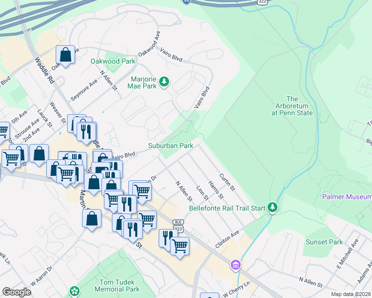 map of restaurants, bars, coffee shops, grocery stores, and more near 141-153 E Aaron Dr in State College