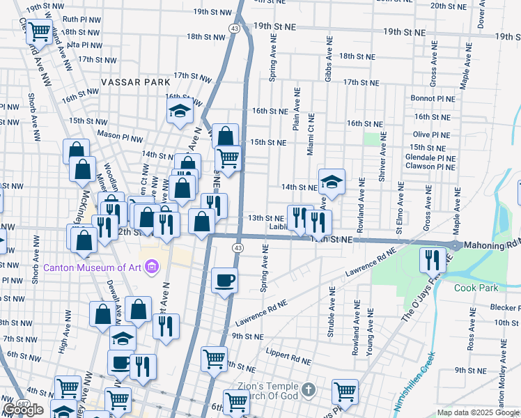 map of restaurants, bars, coffee shops, grocery stores, and more near 1318 Spring Avenue Northeast in Canton