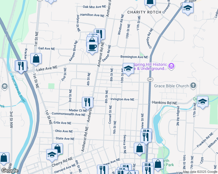 map of restaurants, bars, coffee shops, grocery stores, and more near 736 Sheffield Avenue Northeast in Massillon