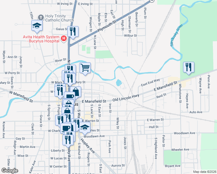 map of restaurants, bars, coffee shops, grocery stores, and more near in Bucyrus