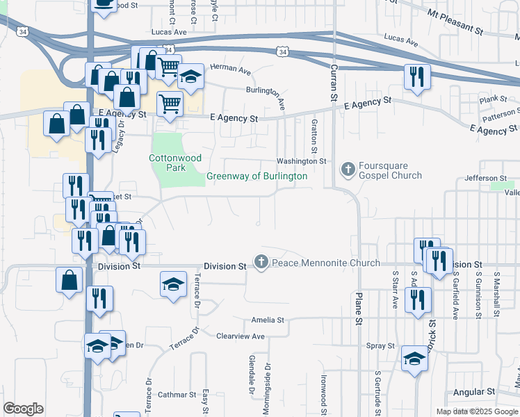 map of restaurants, bars, coffee shops, grocery stores, and more near 100 Hayes Court in Burlington