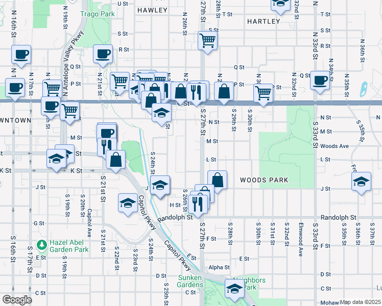 map of restaurants, bars, coffee shops, grocery stores, and more near 349 South 26th Street in Lincoln