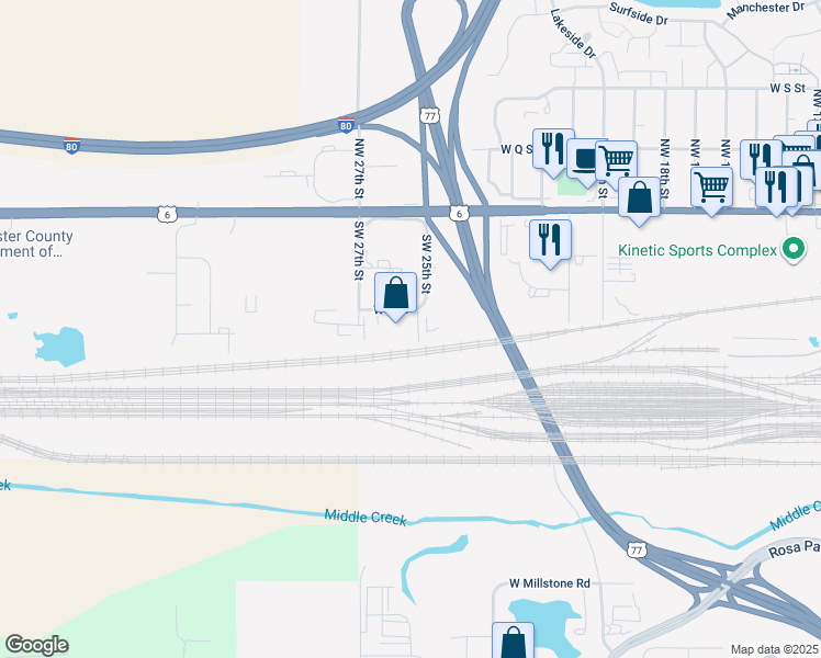map of restaurants, bars, coffee shops, grocery stores, and more near 2601 West L Street in Lincoln