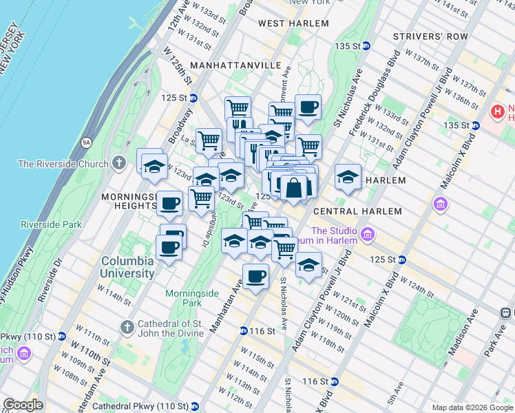 map of restaurants, bars, coffee shops, grocery stores, and more near 107 Morningside Avenue in New York