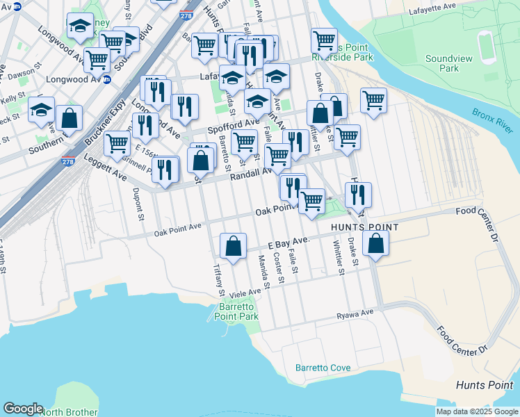 map of restaurants, bars, coffee shops, grocery stores, and more near 1275 Oak Point Avenue in The Bronx
