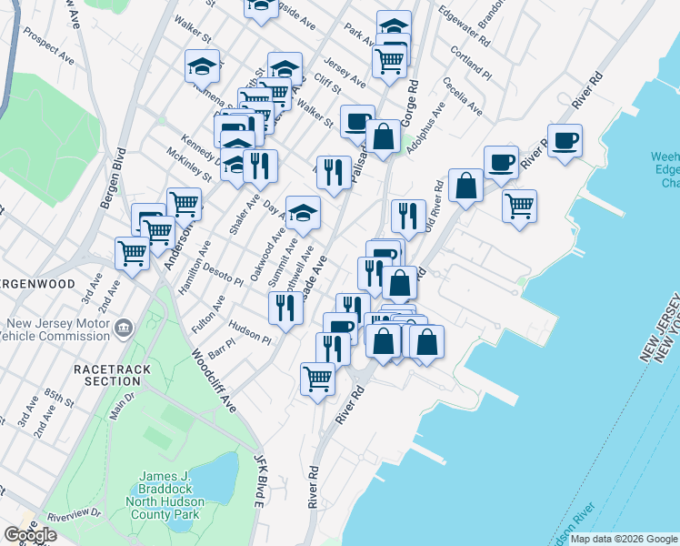 map of restaurants, bars, coffee shops, grocery stores, and more near 7 Laird Place in Cliffside Park