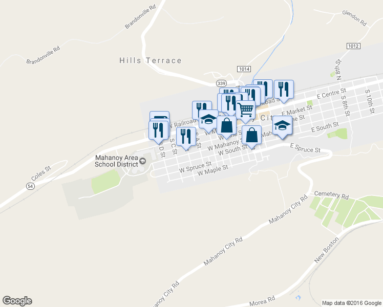 map of restaurants, bars, coffee shops, grocery stores, and more near 430 West Mahanoy Street in Mahanoy City