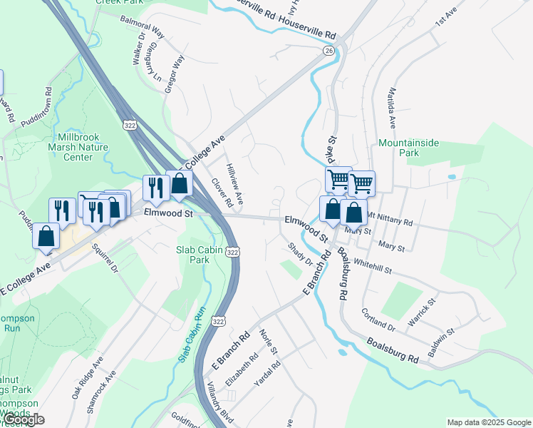 map of restaurants, bars, coffee shops, grocery stores, and more near 625 Elmwood Street in State College