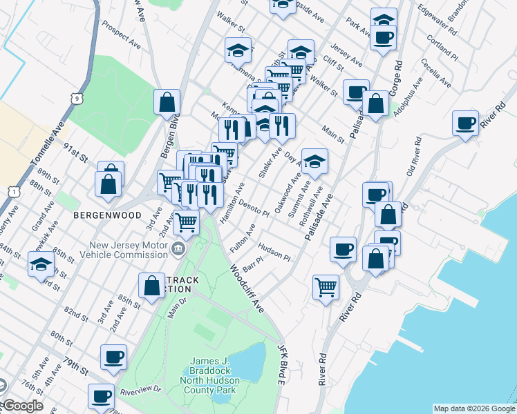 map of restaurants, bars, coffee shops, grocery stores, and more near 275 Desoto Place in Fairview