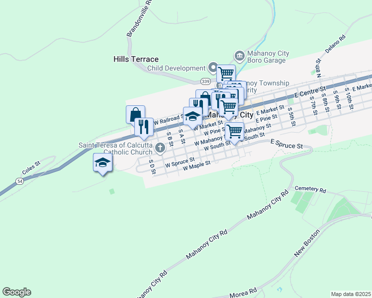 map of restaurants, bars, coffee shops, grocery stores, and more near 338 West Mahanoy Street in Mahanoy City