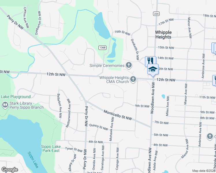 map of restaurants, bars, coffee shops, grocery stores, and more near 1051 Knollwood Road Northwest in Canton