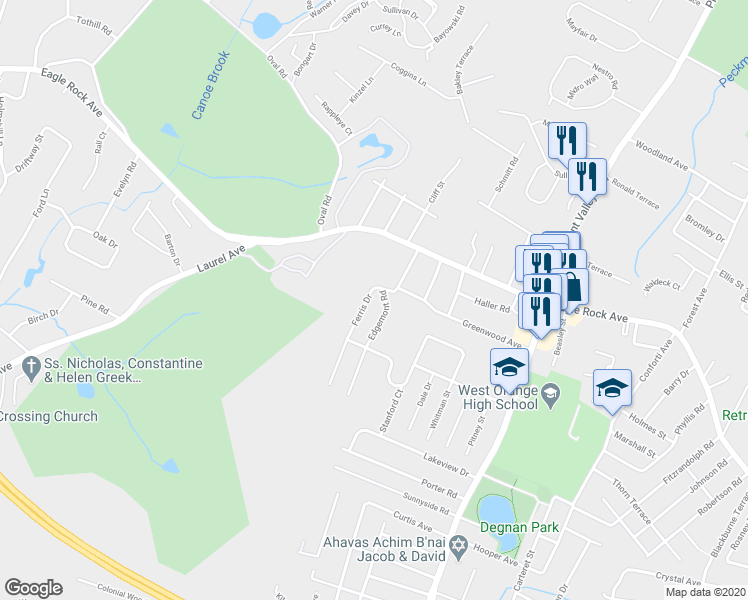 map of restaurants, bars, coffee shops, grocery stores, and more near 20 Ferris Drive in West Orange