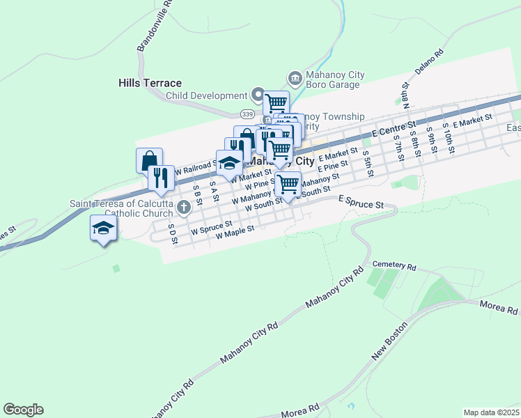 map of restaurants, bars, coffee shops, grocery stores, and more near 108 West South Street in Mahanoy City