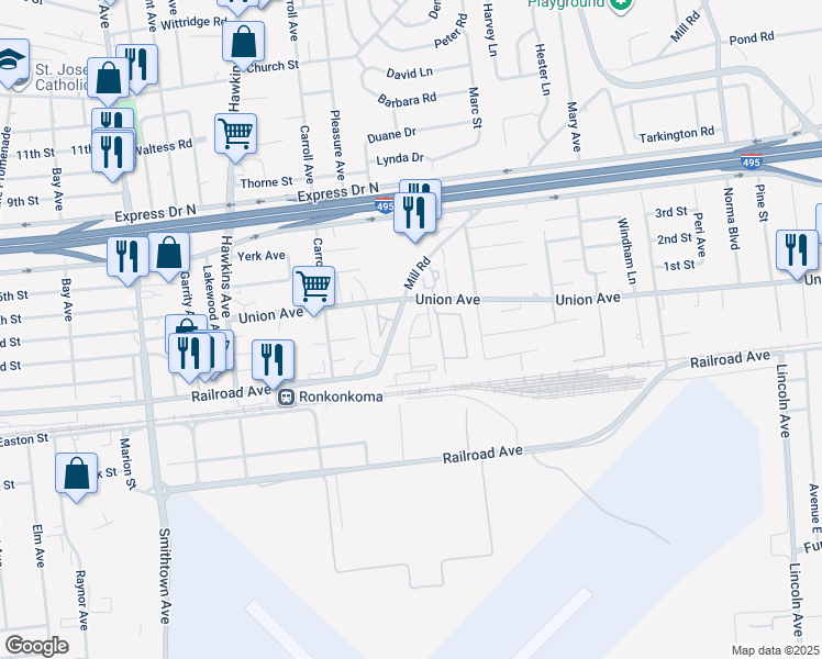 map of restaurants, bars, coffee shops, grocery stores, and more near 1000 Mill Road in Ronkonkoma