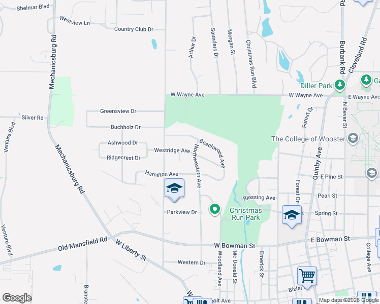 map of restaurants, bars, coffee shops, grocery stores, and more near 702 Westridge Avenue in Wooster