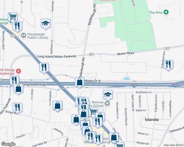 map of restaurants, bars, coffee shops, grocery stores, and more near 904 Towne House Village in Hauppauge