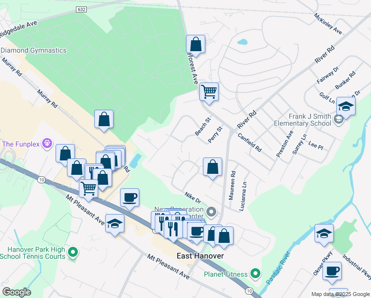 map of restaurants, bars, coffee shops, grocery stores, and more near 24 Rebecca Road in East Hanover