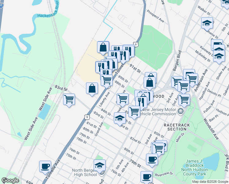 map of restaurants, bars, coffee shops, grocery stores, and more near 8610 Columbia Avenue in North Bergen
