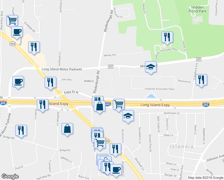 map of restaurants, bars, coffee shops, grocery stores, and more near 602 Town House Village in Hauppauge