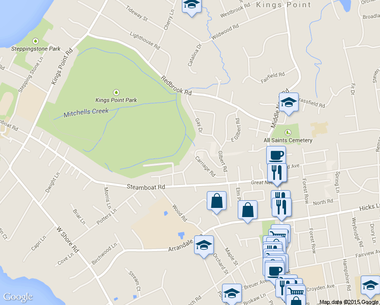 map of restaurants, bars, coffee shops, grocery stores, and more near 30 Carriage Road in Kings Point