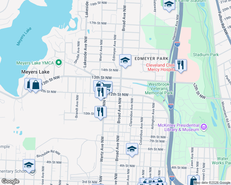 map of restaurants, bars, coffee shops, grocery stores, and more near 1201 Broad Avenue Northwest in Canton