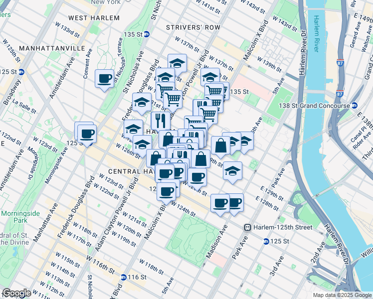 map of restaurants, bars, coffee shops, grocery stores, and more near 108 West 129th Street in New York