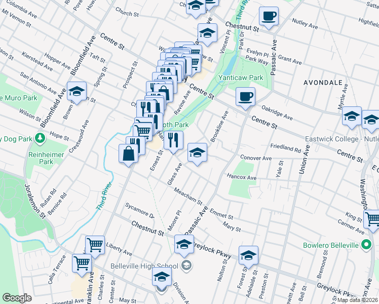 map of restaurants, bars, coffee shops, grocery stores, and more near 22 Evergreen Avenue in Nutley