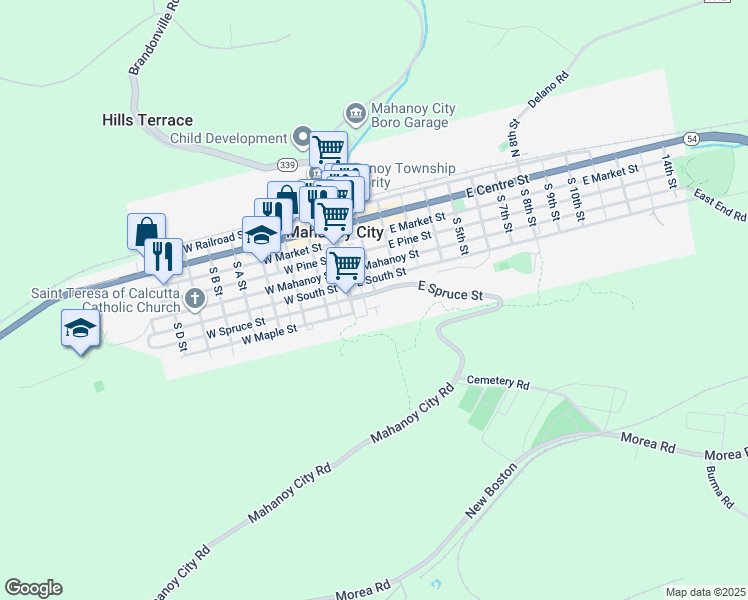 map of restaurants, bars, coffee shops, grocery stores, and more near 36 East Spruce Street in Mahanoy City