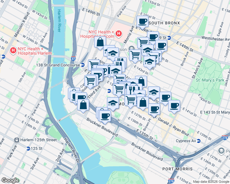 map of restaurants, bars, coffee shops, grocery stores, and more near 257 Alexander Avenue in Bronx