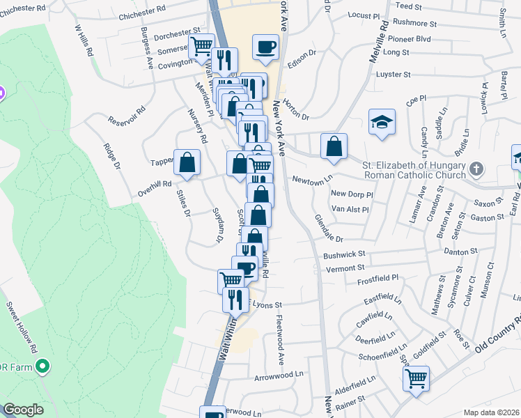 map of restaurants, bars, coffee shops, grocery stores, and more near 540 Walt Whitman Road in Melville